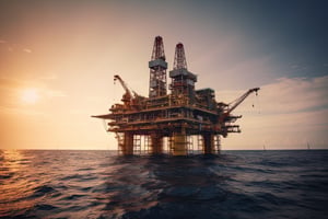 Oil rig in a calm ocean with the sun setting behind it