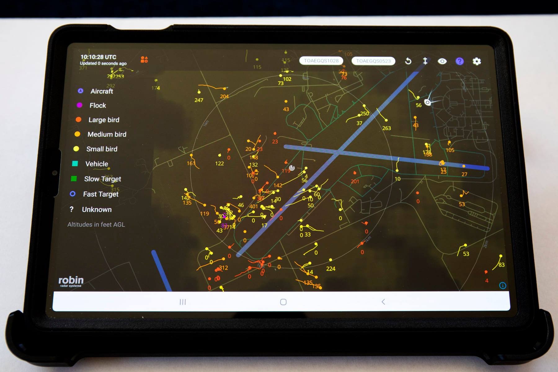 Close-up of an iPad showing Robin Radar's detection system