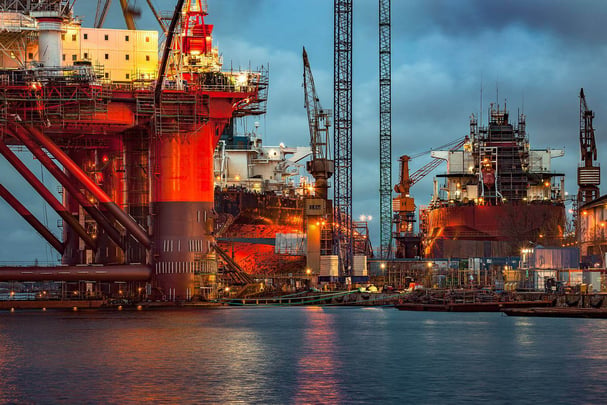 Offshore oil rig at night