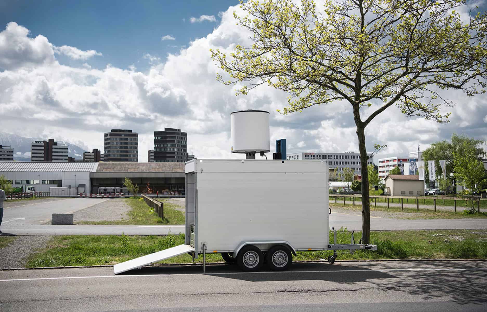 ELVIRA drone detection radar deployed on a mobile container outside office buildings as part of Project Meritis