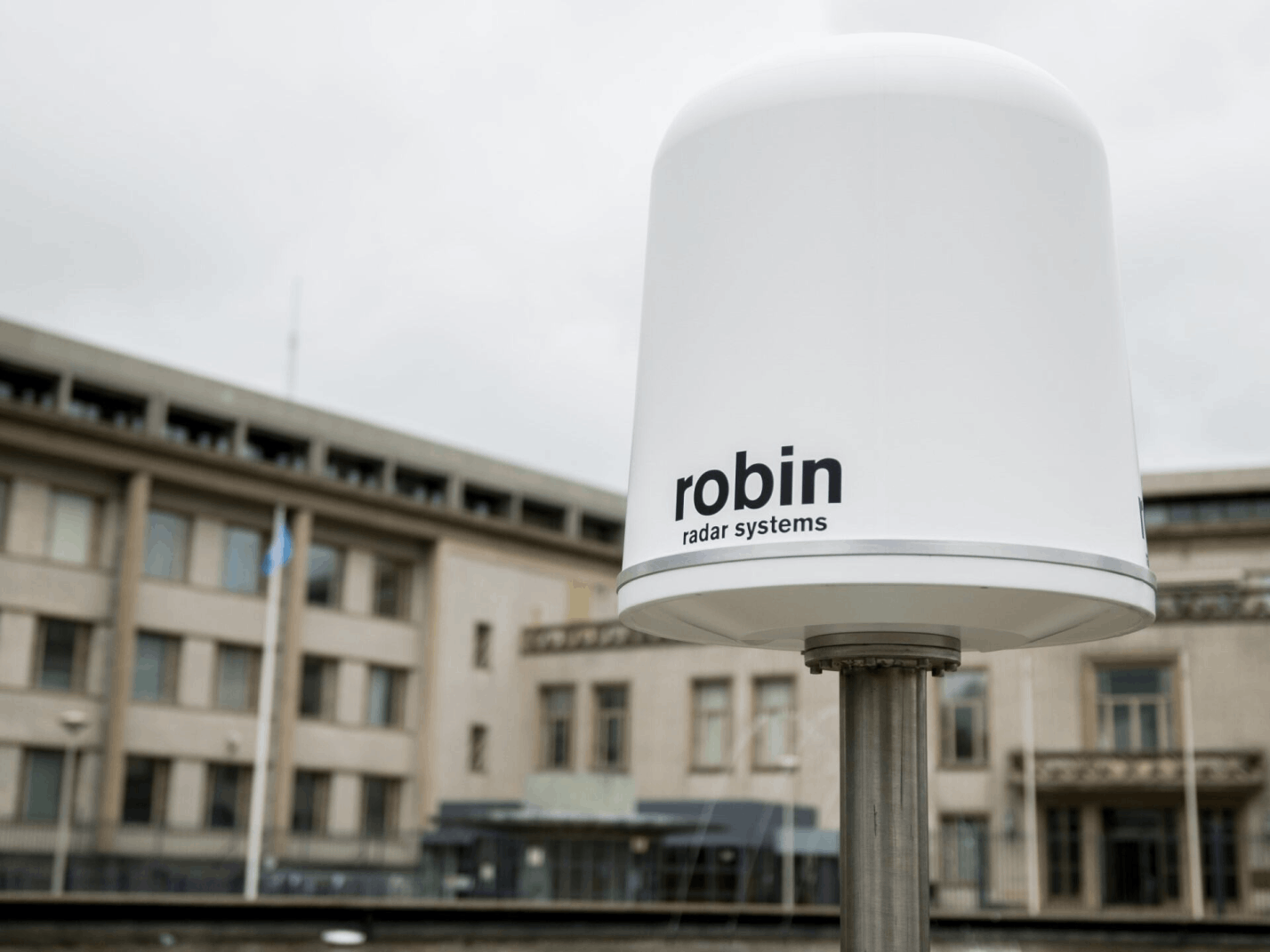 Close-up of IRIS drone detection radar outside a building